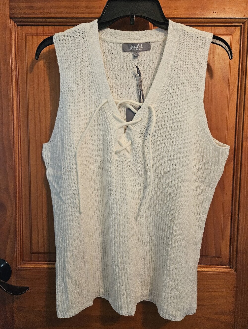 Marled Reunited Clothing Sleeveless V-Neck Pullover Lace Up Sweater Large Ivory